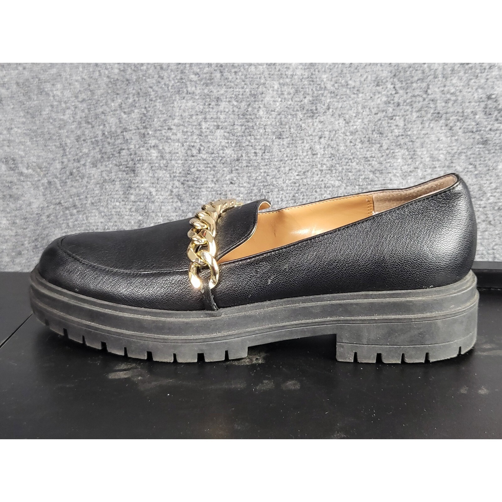 Jessica Simpson Disila Loafers Black Chain Accent Lug Sole Chunky Women Sz 9.5m
